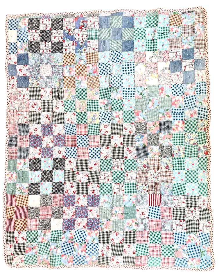 ¡Colcha para bebé hecha a mano de los años 30 con impresiones de saco de alimentación! ¡REGALO en estado limpio y utilizable! Foto 2 de 4