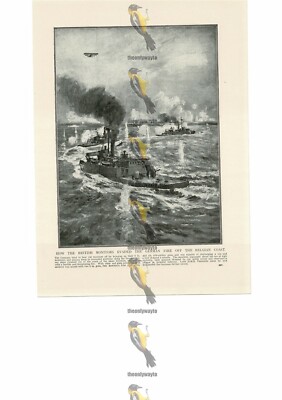 British Monitors Evade Fire off Belgian Coast, WW1, Book Illustration (Print)