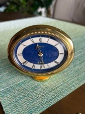 Jaeger Lecoultre Table Desk Clock Gold Blue Dial Working Retro Vintage