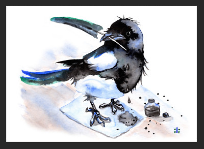 ACEO Aquarelldruck Elster mit Feder Fine Art Gemälde von ili
