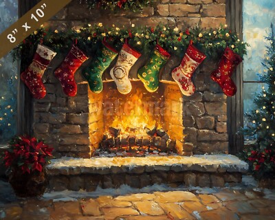 Holiday scene with a cozy hearth and stockings oil painting 8x10 Print