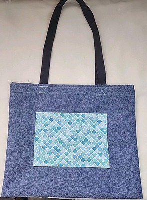 Blue Tote Bag with Pattern Leather Front Pocket Tote Bag. Handmade.