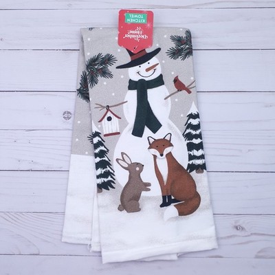 Kitchen Dish Towel Winter Snowman Critters Fox Bunny Cardinal Dual Purpose