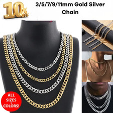 Stainless Steel Gold Silver Chain Cuban Curb Womens Mens Necklace 3/5/7/9/11mm