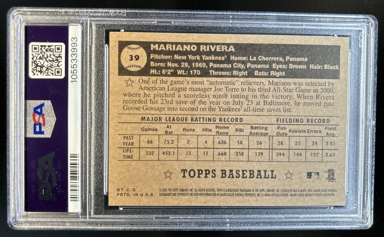 2001 Topps Heritage Mariano Rivera #39b New York Yankees PSA 9 view 2