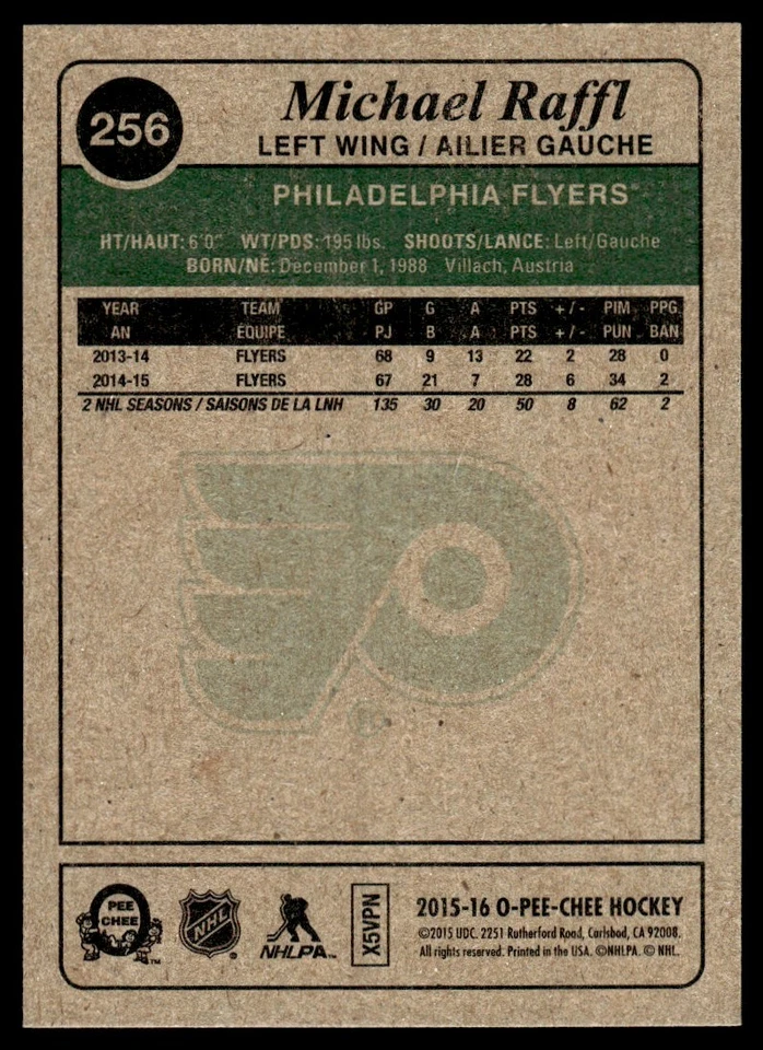 2015-16 O-Pee-Chee Retro Michael Raffl Philadelphia Flyers #256 - Image 2 of 2