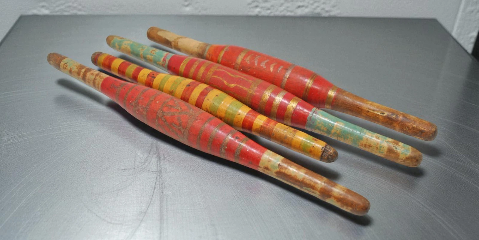 Lot of 4 Antique Wooden Rolling Pins Belan Original Old Hand Caved Lacquer Paint