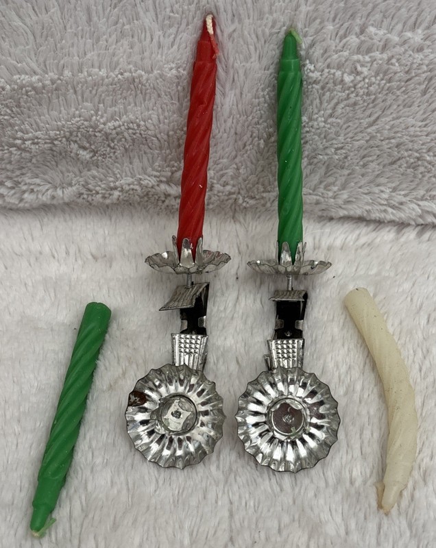 Vintage Silver Metal/Tin Christmas Candle Clip-On Holder Ornament Lot Of 4