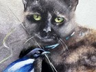 ORIGINAL “Tortie Cat & Magpie” Artist Nat Hodson 2025 8”x11.5”  NOT AN ACEO — photo 6