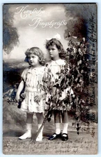 1924 RPPC HERZLICHE PFINGSFGRABE WARMEST PENTECOST GREETINGS 2 GIRLS POSTCARD