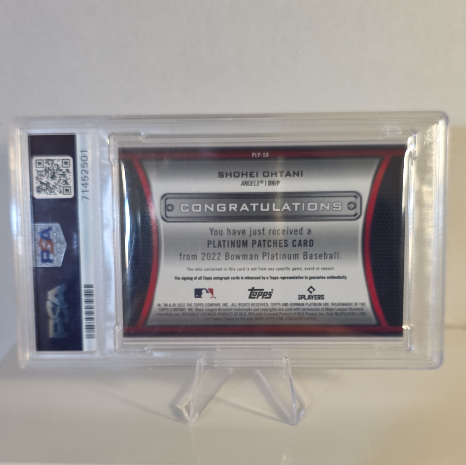 2022 Bowman Platinum Shohei Ohtani 1/1 Patch Auto PSA/DNA 10 view 2