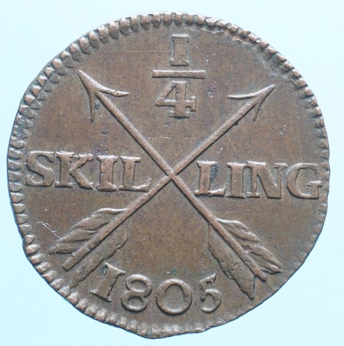 SVEZIA GUSTAF IV ADOLF 1/4 SKILLING 1805 CURRENCY COPPER COIN NUMISMATICA - Imagen 2 de 2