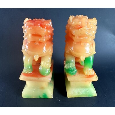 Rainbow Colored Resin Chinese Foo dog Figurine Pair Asian Decor