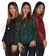 Maglia Donna Pizzo maniche lunghe volant ruches Pull Made in Italy nuovo 6298