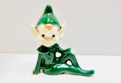Vintage Ceramic Pixie Elf Green Outfit Figurine 4.25'' Garden Decor Fairy