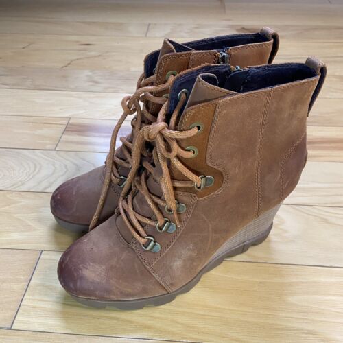 Sorel Joan Uptown Wedge Boots Women 8 Camel Brown Leather Ankle Bootie Lace Up