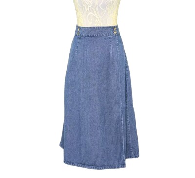 TRAVEL SMITH Petites Vintage Wrap Skirt Blue Denim Button