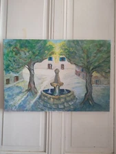 Oil On Canvas Anonymous "View Of A Village Square At The Fountain"