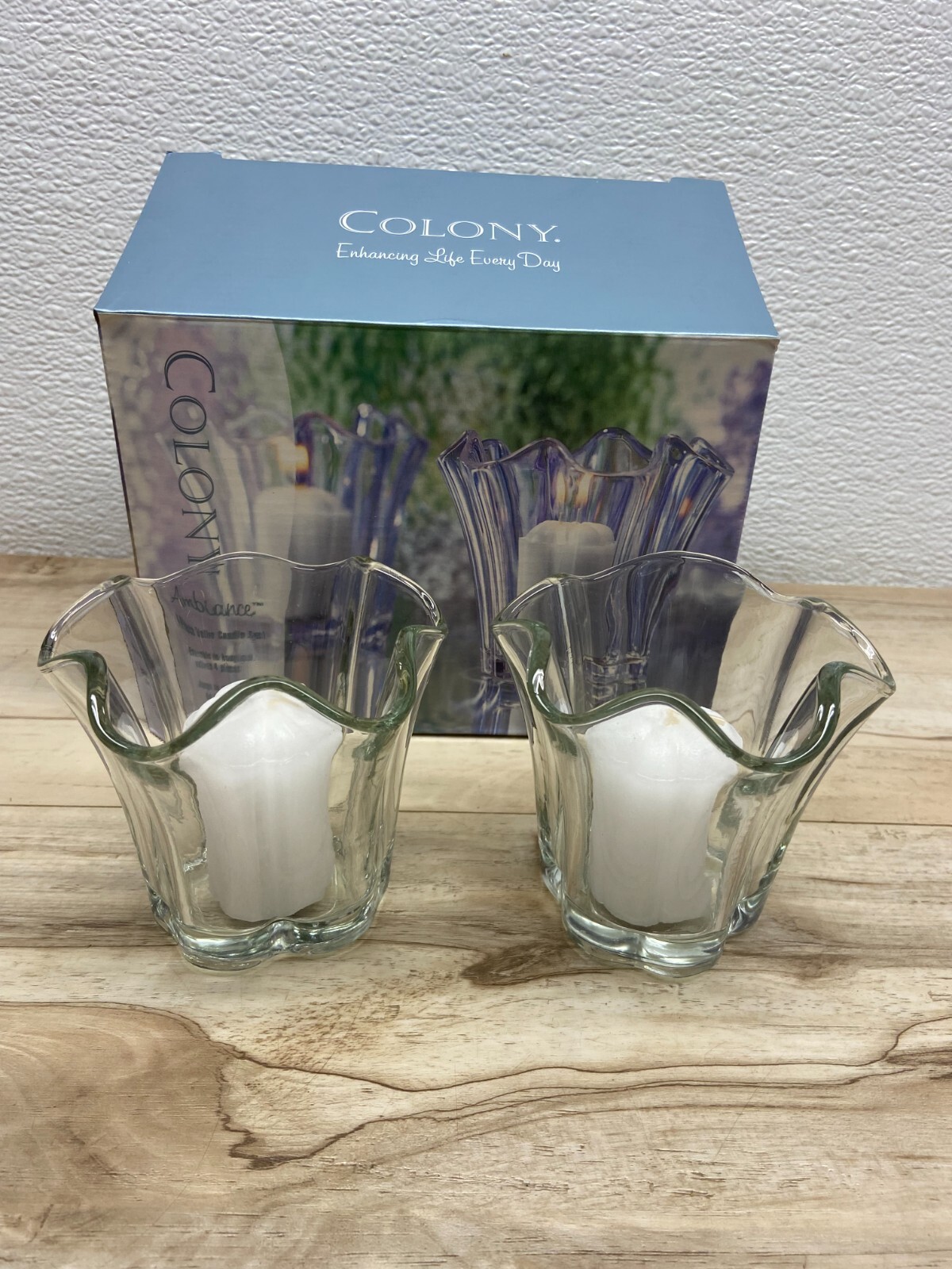 Colony Ambiance 4 Piece Votive Candle Set Clear Glass Flower Cups Candleholders