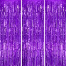 3 Pack Foil Fringe Backdrop - Purple Shiny Tinsel Curtains for Party Decorati...