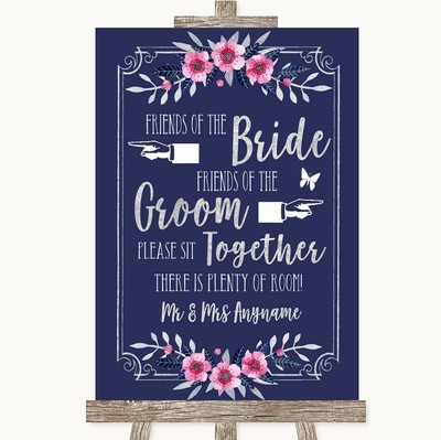 Marineblau Rosa & Silber Freunde der Braut Bräutigam Sitz Hochzeit Schild