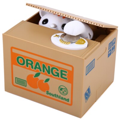 White Kitty Cat  Mischief Coin Stealing Musical Piggy bank