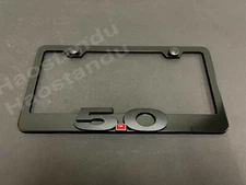 1x (Black) "5.0" 3D Emblem Badge BLACK Stainless License Plate Frame +Screw caps