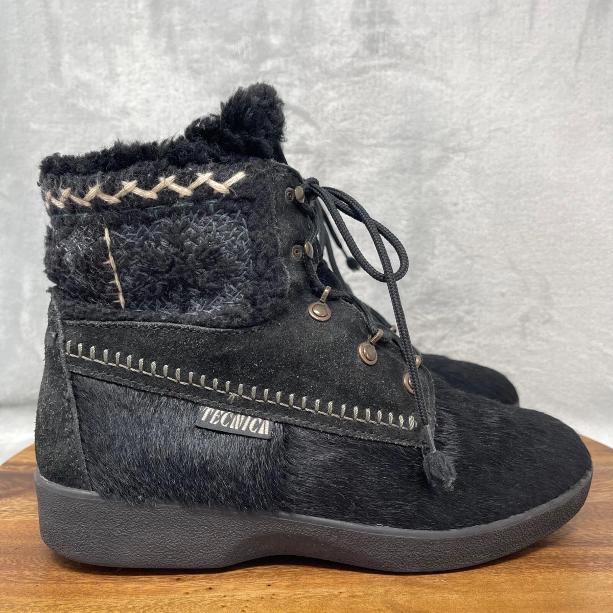 Tecnica Boots Womens 39 Black Pony Hair Sheepskin Lined Apres Ski Lace Up Italy