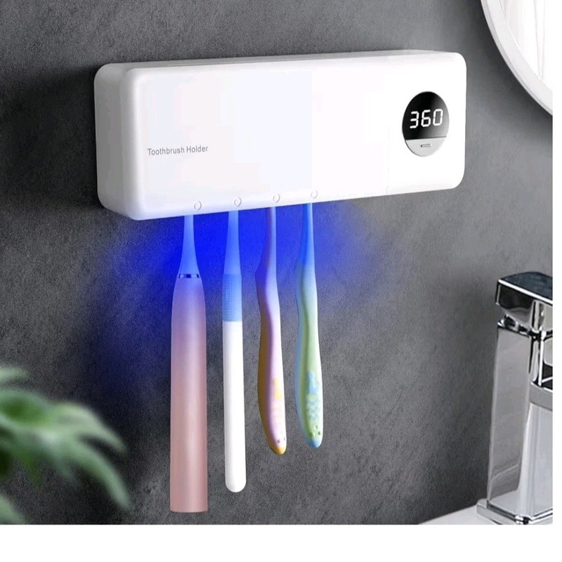 Sanitizing Wall Mount Toothbrush Holder, White, Digital Display, USB Charging