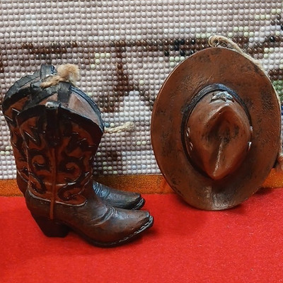Western Boot & Cowboy Hat Hanging Ornaments 2pc Set Brown/Black Small