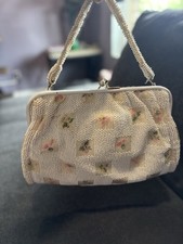 Ivory Floral Beaded Kiss Lock Clutch Top Handle w/ Coin Purse, Lined