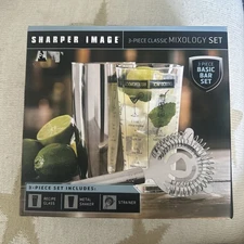 NIB Sharper Image Mixology Gift 3 pcs Set Recipe Glass Metal Shaker Strainer 