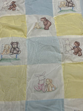 Vtg Carter s CRIB QUILT blanket teddy bear bunny puppy 33"x42" blue yellow puffy