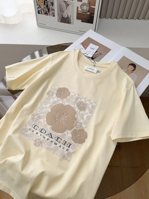 NWT COACH Women s Signature White camellia beige T-shirt COTTON Reprint sale hot