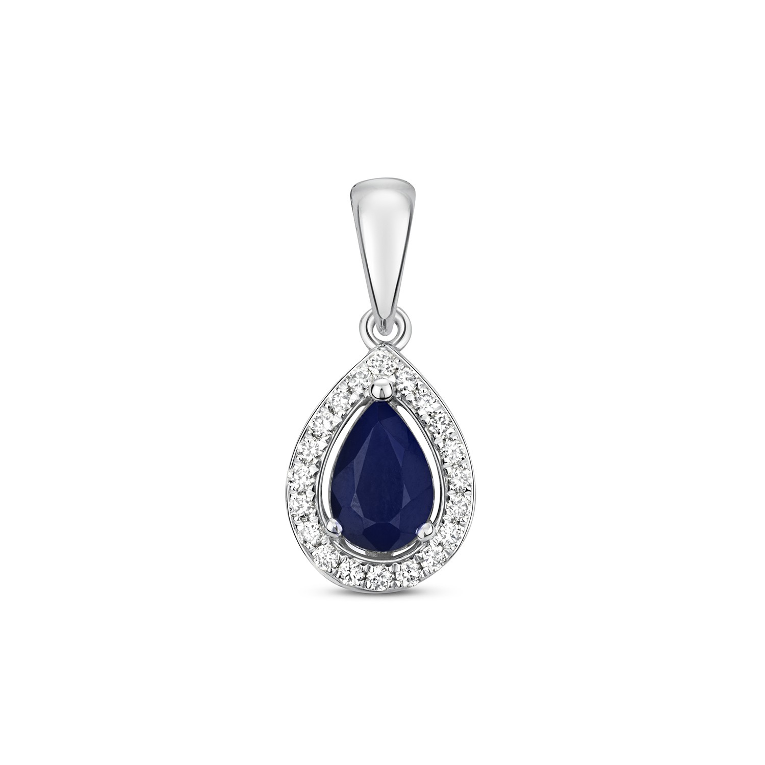 Pendentif femme or blanc 375 avec saphir bleu et diamant 0.09 ct