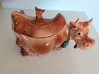 Vintage McCoy Pottery Brown Cow with Cat on Back - Brush USA W 10 Cookie Jar