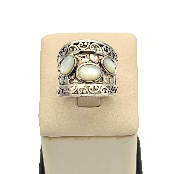 925 Sterling Silver Mother of Pearl Wide Band Filigree Statement Ring Size 7