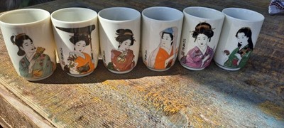 Vintage Traditional Japanese Geisha Girls Sake Cups Set Of 6 Tea Cups