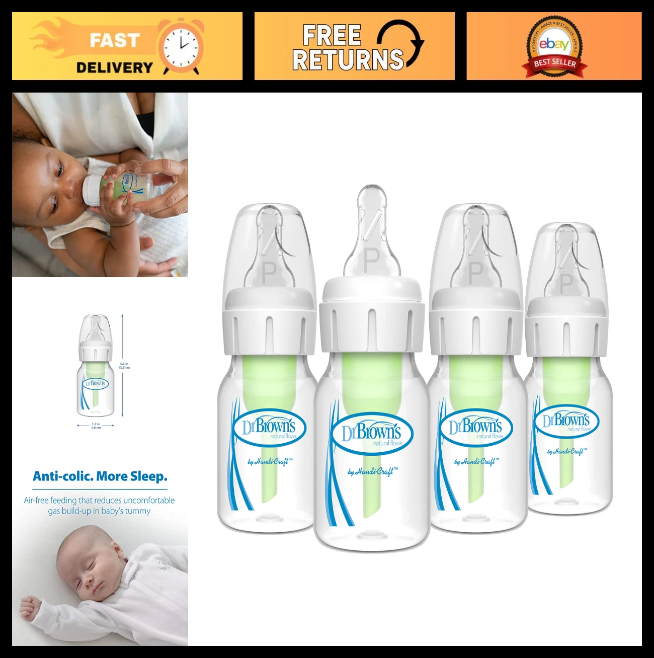 Anti-Colic Baby Bottles 2 oz with Preemie Flow Nipples, 4 Pack, Narrow Design