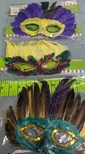 Lot of 3 Decorative Mardi Gras Eye Masks Ribbon Feathers Green Party Costume
