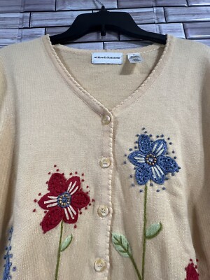vintage ramie cotton embroderied beaded sweater women M top v neck full button