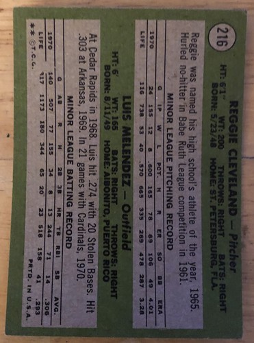 1971 Topps Cardinals Rookie Stars Reggie Cleveland & Luis Melendez 216 Low-Grade - Picture 2 of 2
