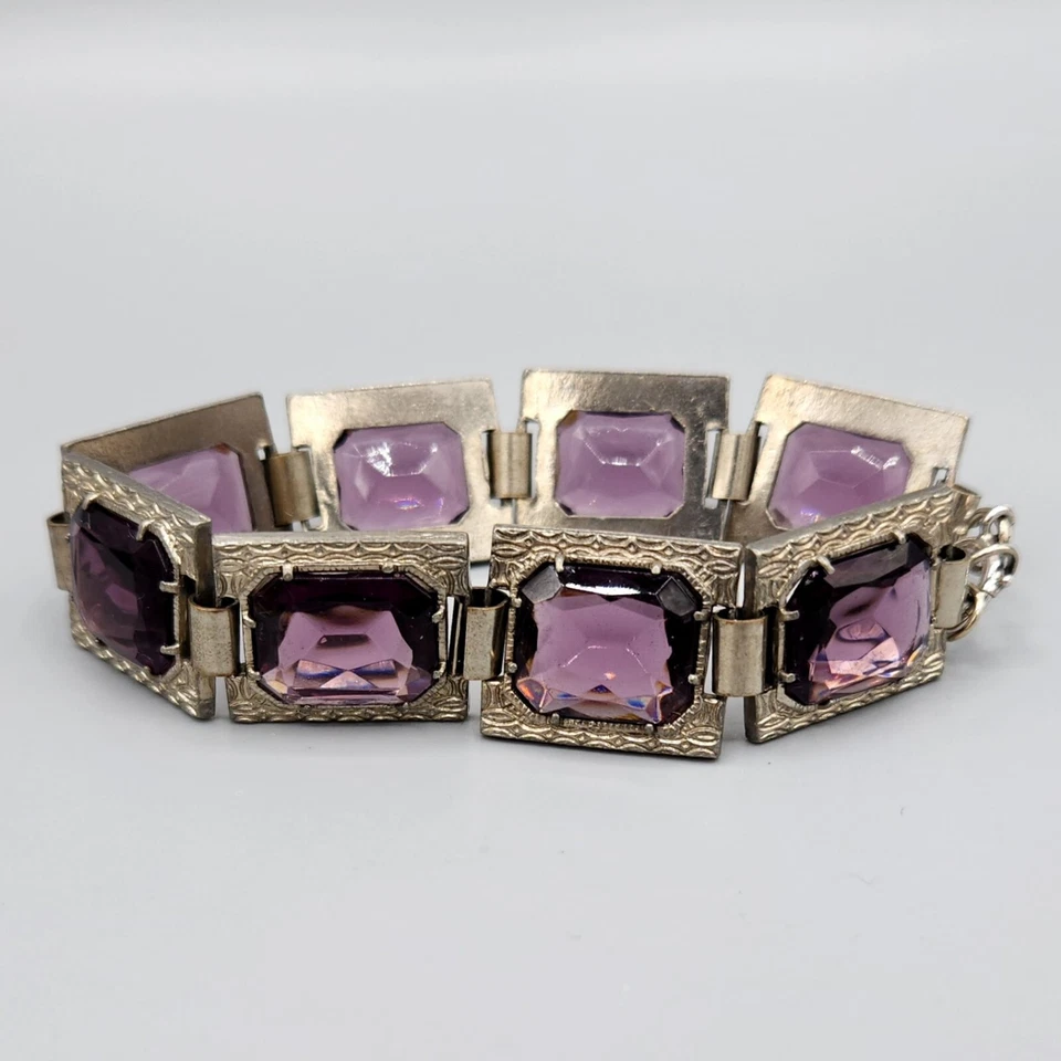 Brazalete Estate Art Deco Octágono Vidrio Púrpura Placa Plata Panel Eslabón 7.5" Foto 4 de 4