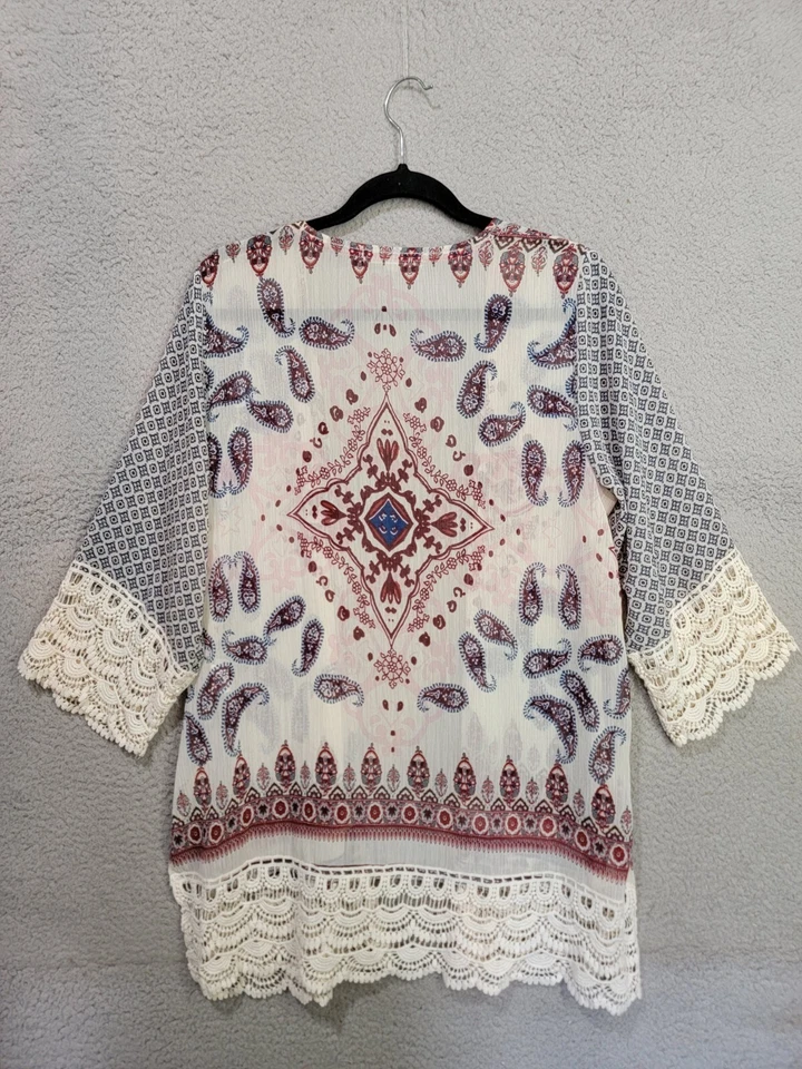 Jolt Kimono Open Cardigan Medium Crochet Trim Boho Duster Chiffon Paisley - Image 2 of 4