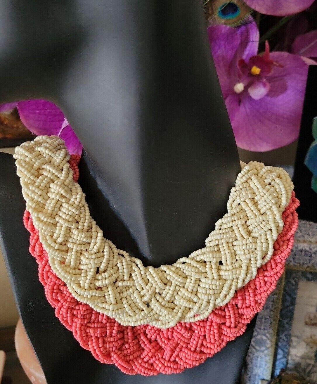 VTG Coral & Cream Multi Strand Braided Woven Seed… - image 1
