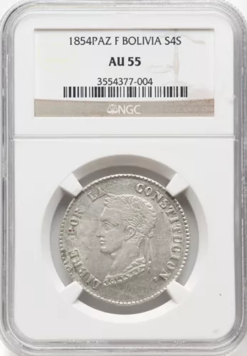 Bolivia 1854 PAZ F - 4 Soles - NGC AU55 Very Choice PQ Specimen