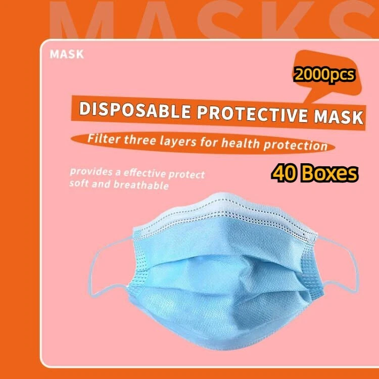 2000 PCs (40 BOXES)Blue Disposable Protective Face Mask 3-Ply Earloop face Cover
