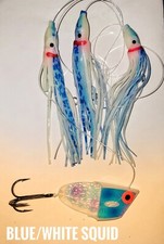 Blue/white squid with clear/crinkled blue meat head  - trolling meat rig