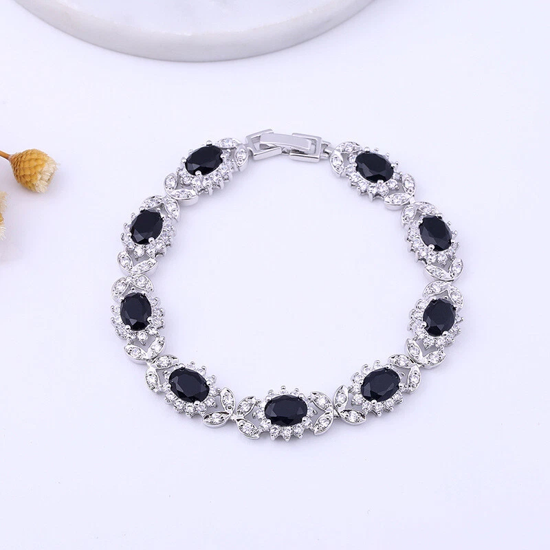 New Classical Flower Design Mystical Black Onyx Gemstone Women Bracelets Silver - Image 4 of 4
