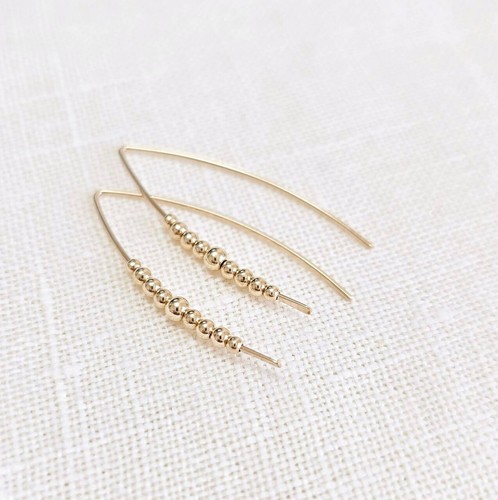 Modern 14K Gold Filled Bead Linear Threader Earrings Hypoallergenic Minimal Chic - Picture 5 of 7